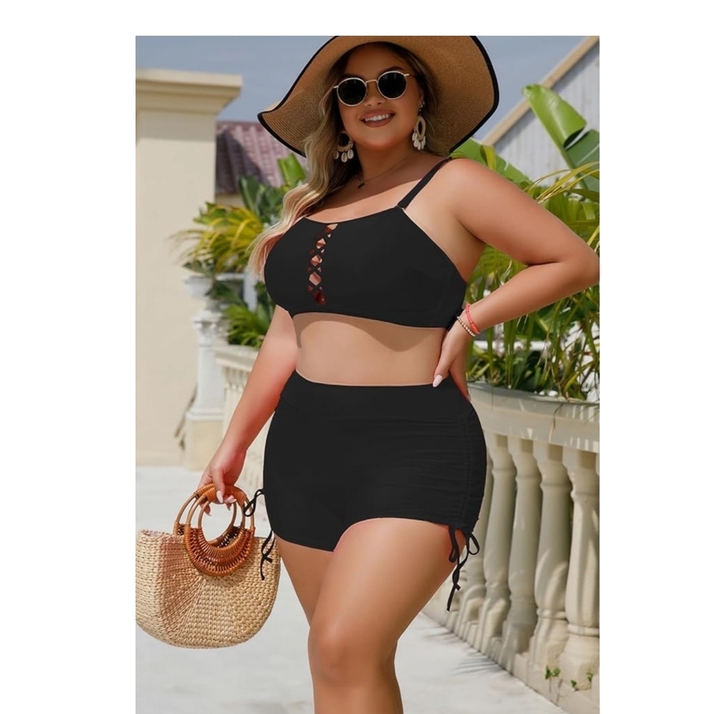 YELAIVP - XL Black Sporty Two Piece Bandeau Swimsuit - Picture 2 of 10